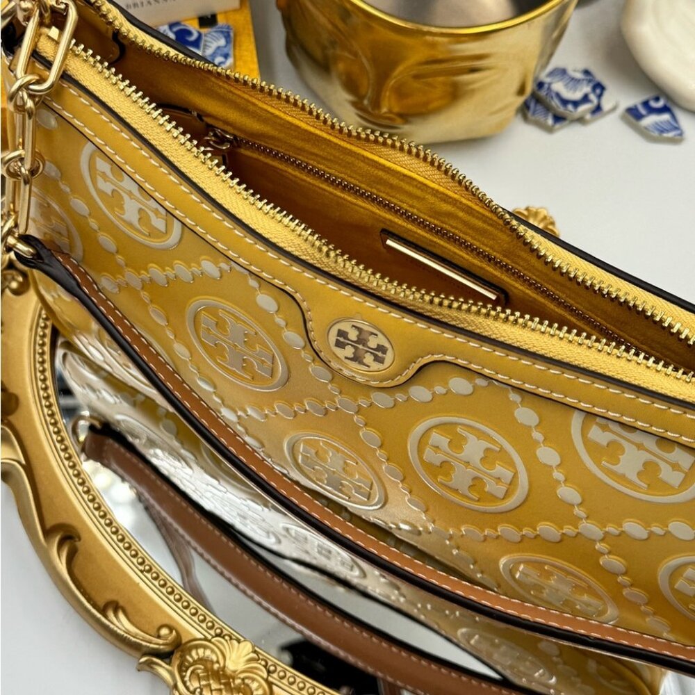 🆕 TORY BURCH 🧿 NWOT T Monogram Embossed Studio, Golden Sunset - AUTHENTICATED - Picture 7 of 16